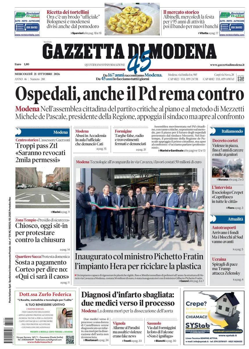Prima-pagina-gazzetta di modena-oggi-edizione-del-2026-10-21
